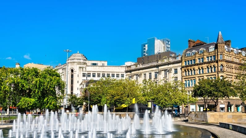 Fountains in Picadilly Gardens in Manchester